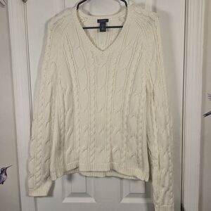 IZOD Cream Cable Knit V-Neck Sweater 100% Cotton Size Medium